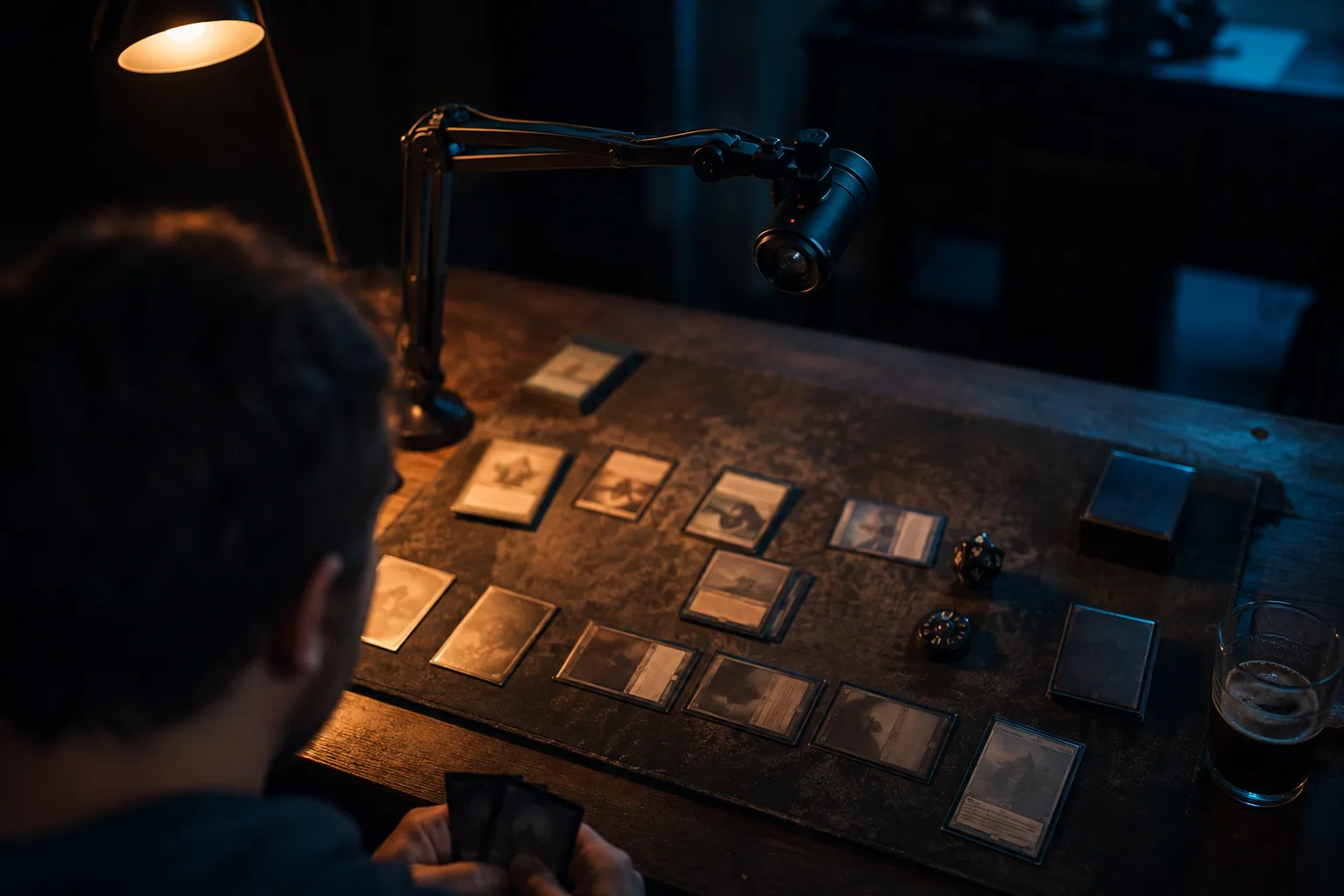 A player at home in Houston at night, seen from behind their shoulder, with a webcam on a boom arm angled down over a Magic: The Gathering game laid out on the table