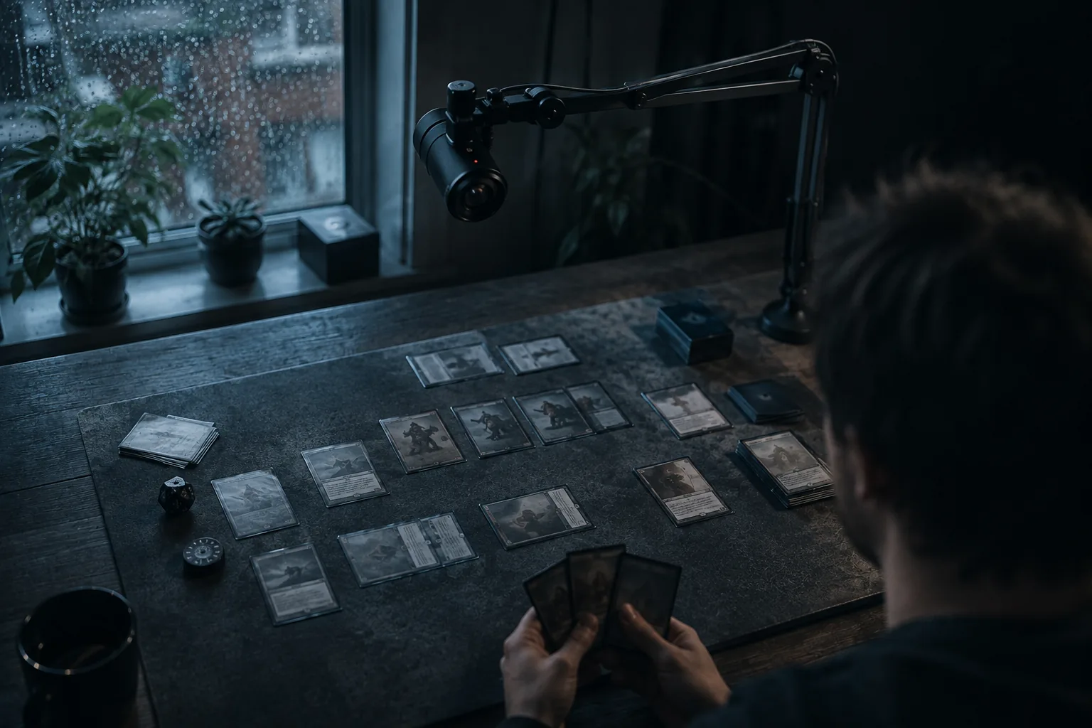 Another player in London by a rain-streaked window, with their own overhead webcam on a boom arm aimed down at the same game at a different point in the match